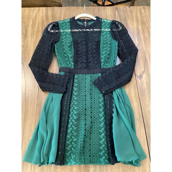 Self Portrait long sleeve mesh Green Lace pleated flare whimsygoth Mini Dress 4 - Picture 2 of 14